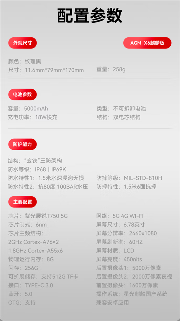 芯片系统全国产!AGM X6麒麟版三防手机开售:2519元