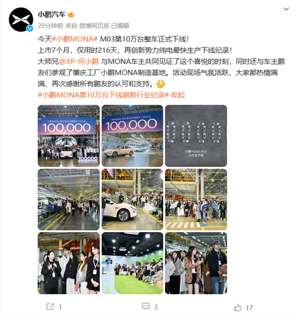 用时216天！小鹏MONA M03第十万台下线：创新势力纯电最快生产下线纪录