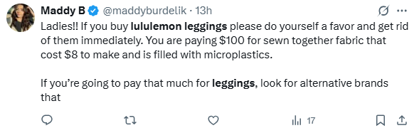 美国网友激烈争论:100美元的Lululemon紧身裤成本究竟多少钱