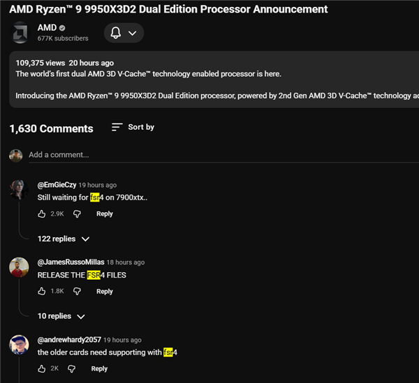 AMD 9950X3D2官宣变吐槽大会：评论区近1/3在要老显卡的FSR 4！