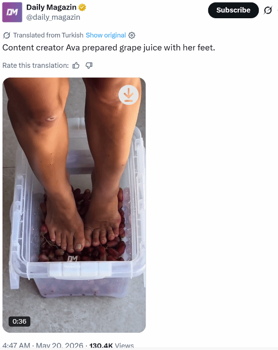 女网红赤脚踩葡萄榨汁 网友：昆汀嘻嘻 我不嘻嘻