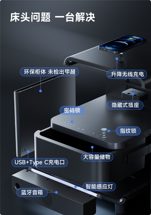 抵5件家具 8H智能床头柜发布：带指纹保险柜还能连米家APP